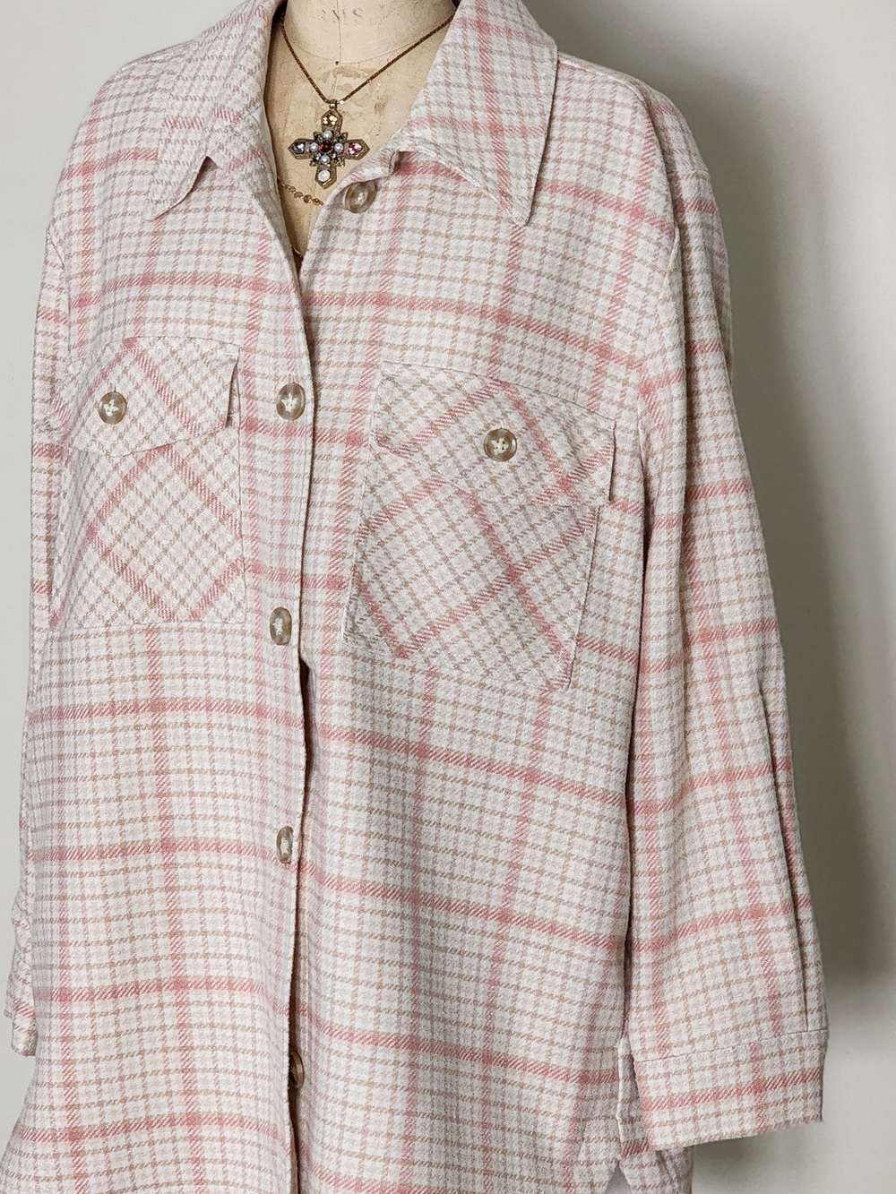 NWOT LOFT Soft Pink & Cream Plaid Button-Up Shacket